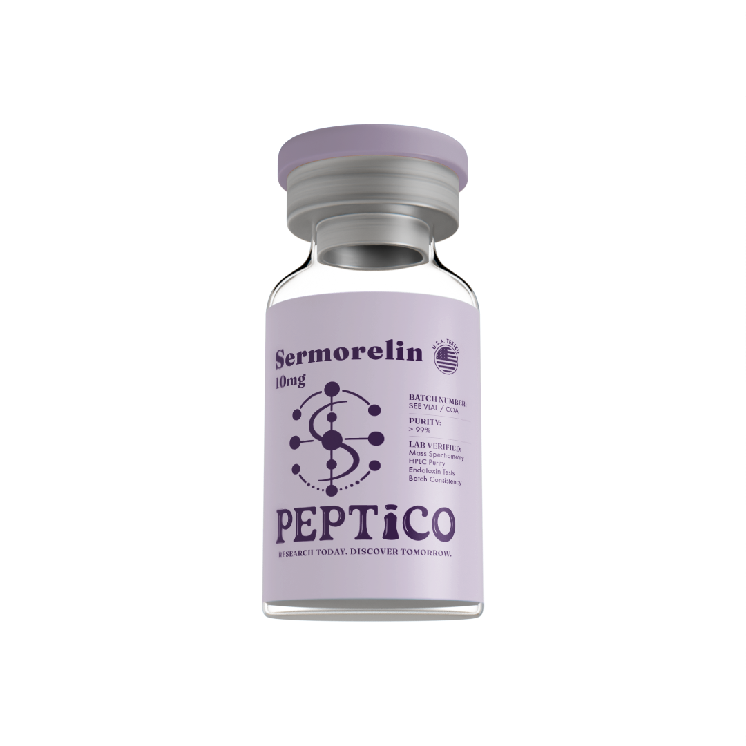 Sermorelin 10mg peptide from Peptico – research-grade, batch-tested, documented certificate of analysis